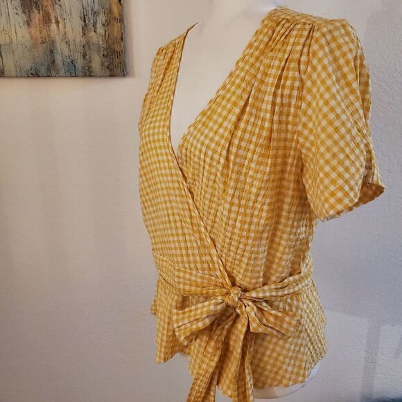 Max Studio Yellow Checker wrap blouse L - Picture 4 of 14